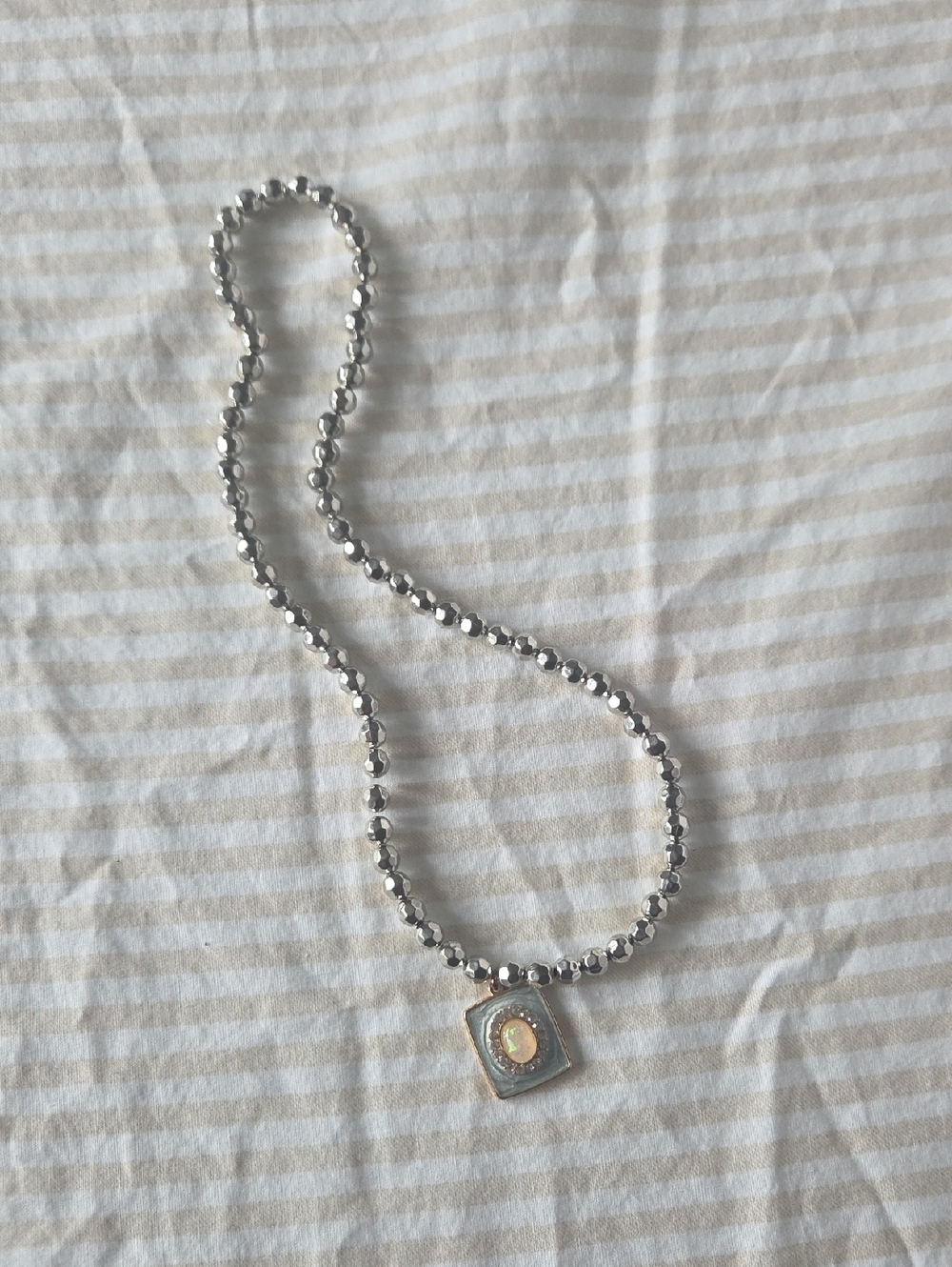 Handmade Silver Bead Necklace with Opal Pendant